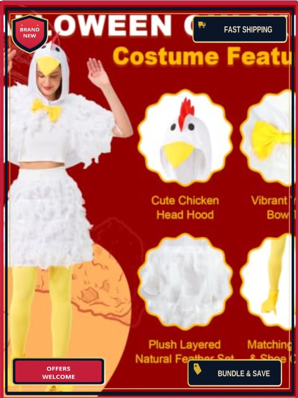 6PCS Chicken Couples Halloween Costume Set Hooded Feather Cape Apron - Picture 3 of 6